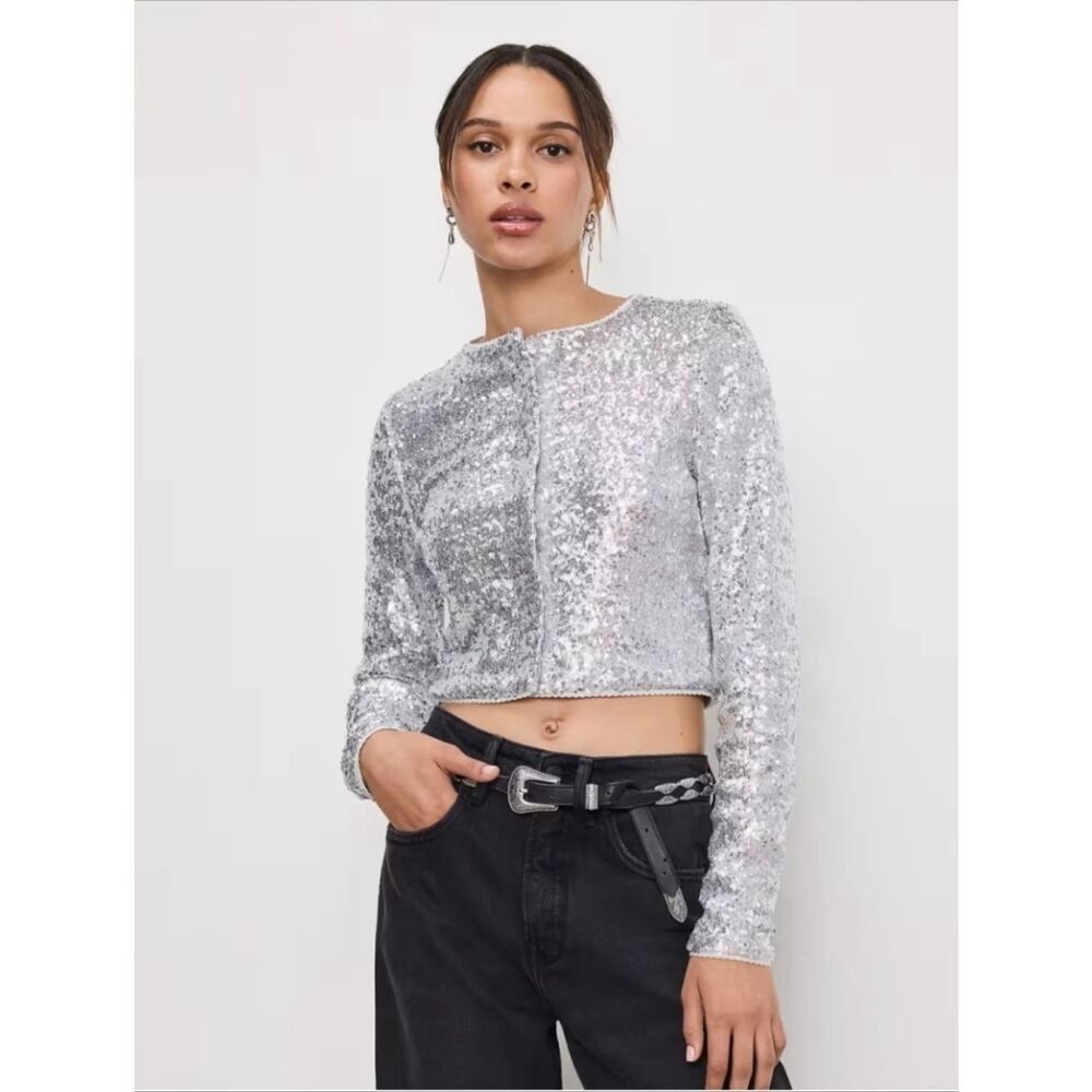 🌸 Good American Silver Sequin Button Up Cardigan Size Medium New